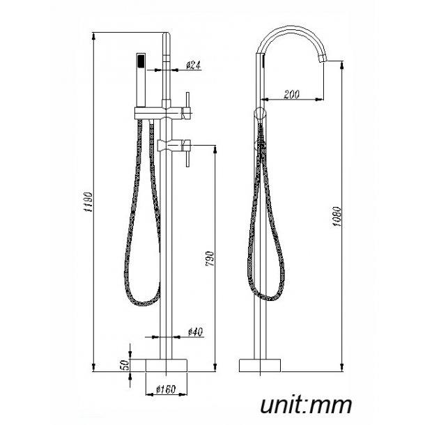 Round Black Freestanding Bath Mixer With Hand held Shower