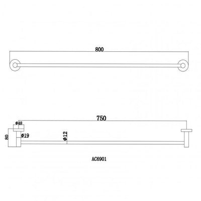 Round Chrome Single Towel Rack Rail 800mm CUT TO SIZE