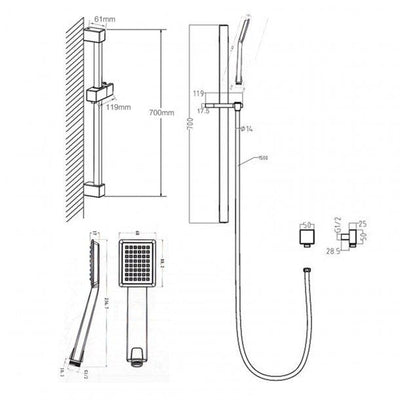 Square Chrome Handheld Shower Rail