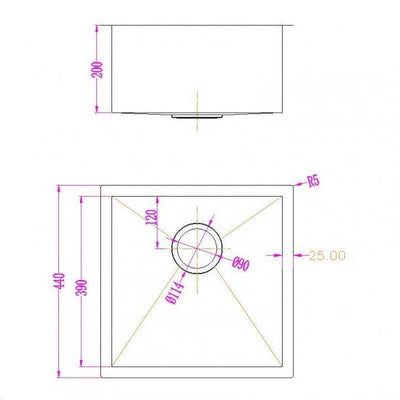 1.2mm Round Corner Stainless Steel Handmade Single Bowl Top/Flush/Undermount Kitchen/Laundry Sink 440x440x205mm