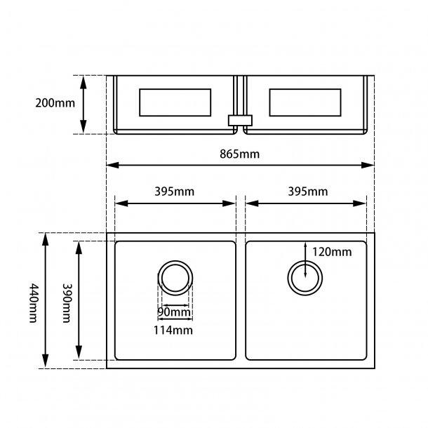 1.2mm Handmade Double Bowls Top/Undermount Kitchen Sink 865x440x200mm