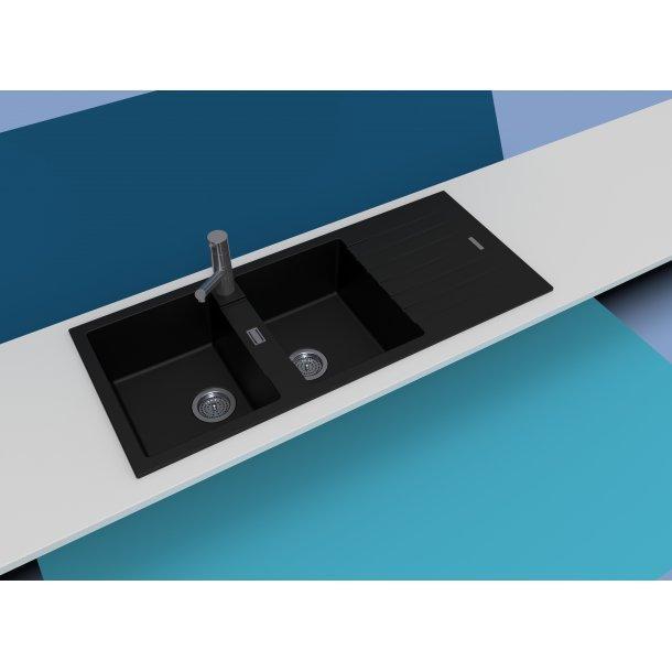 Black Granite Quartz Stone Kitchen Sink Double Bowls Drainboard Top/Undermount 1160*500*200mm