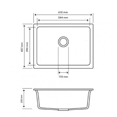 610 x 457 x 205mm Carysil Black Single Big Bowl Granite Kitchen/Laundry Sink Top/Flush/Under Mount