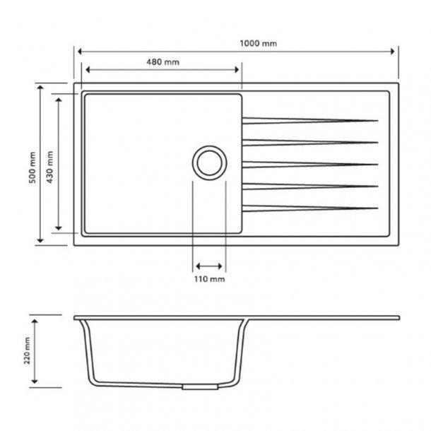 1000 x 500 x 220mm Carysil Single Bowl With Drainer Board Granite Kitchen Sink Top/Flush/Under Mount