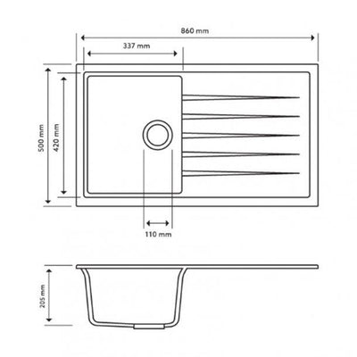 860 x 500 x 205mm Carysil Black Single Bowl With Drainer Board Granite Kitchen Sink Top/Flush/Under Mount