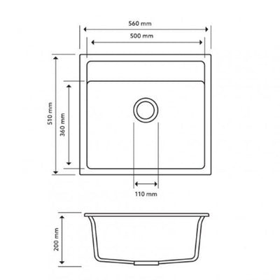 560 x 510 x 200mm Carysil Black Single Bowl Granite Top/Flush/Under Mount Kitchen/Laundry Sink