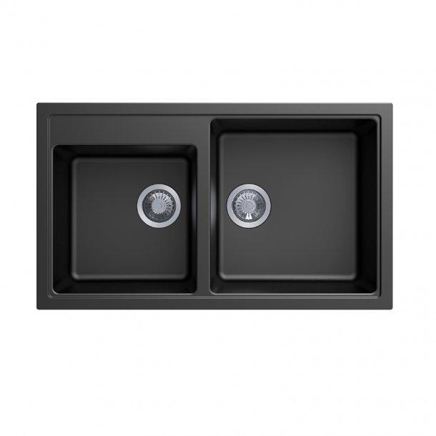 860 x 500 x 205mm Carysil Black Double Bowl Granite Kitchen Sink Top/Flush/Under Mount