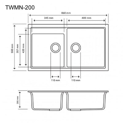 860 x 500 x 205mm Carysil Black Double Bowl Granite Kitchen Sink Top/Flush/Under Mount