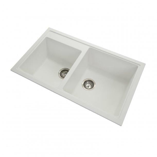 860 x 500 x 205mm Carysil White Double Bowl Granite Kitchen Sink Top/Flush/Under Mount