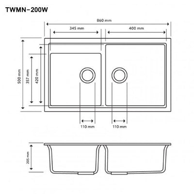 860 x 500 x 205mm Carysil White Double Bowl Granite Kitchen Sink Top/Flush/Under Mount