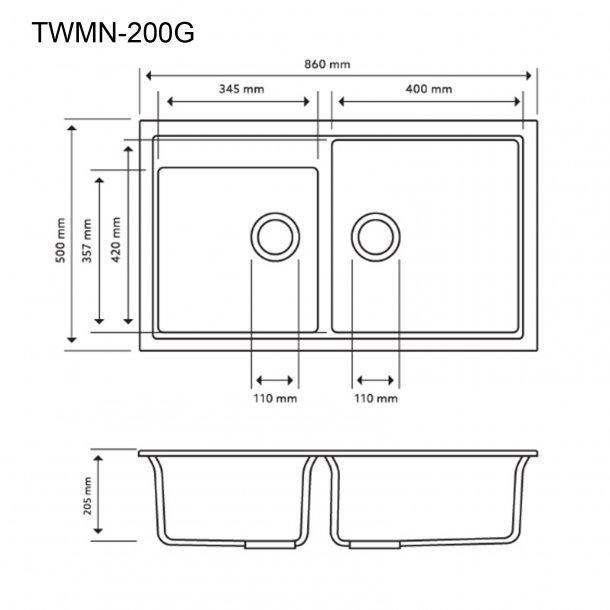 860 x 500 x 205mm Carysil Concrete Grey Double Bowl Granite Kitchen Sink Top/Flush/Under Mount