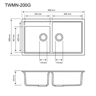 860 x 500 x 205mm Carysil Concrete Grey Double Bowl Granite Kitchen Sink Top/Flush/Under Mount