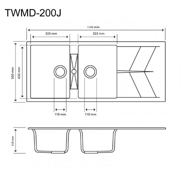 1160 x 500 x 210mm Carysil Black Double Bowl Drainer Board Granite Kitchen Sink Top/Flush/Under Mount