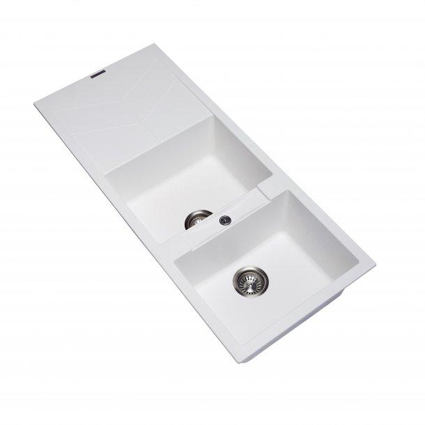 1160 x 500 x 210mm Carysil White Double Bowl Drainer Board Granite Kitchen Sink Top/Flush/Under Mount