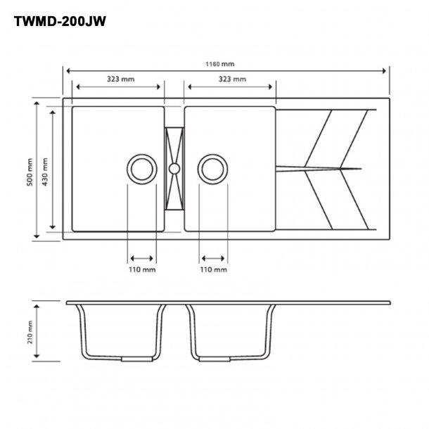 1160 x 500 x 210mm Carysil White Double Bowl Drainer Board Granite Kitchen Sink Top/Flush/Under Mount