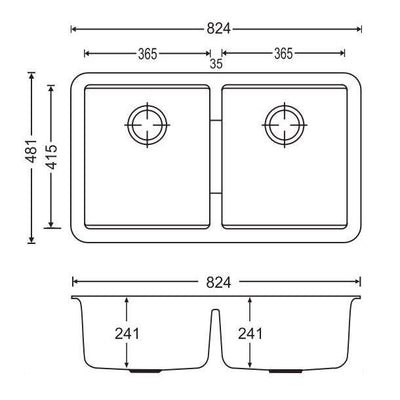 824 x 481 x 241mm Carysil Black Double Bowls Granite Undermount Kitchen Sink