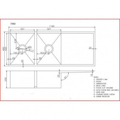 1160x460x230mm 1.2mm Handmade Top/Undermount Double Bowls Kitchen Sink