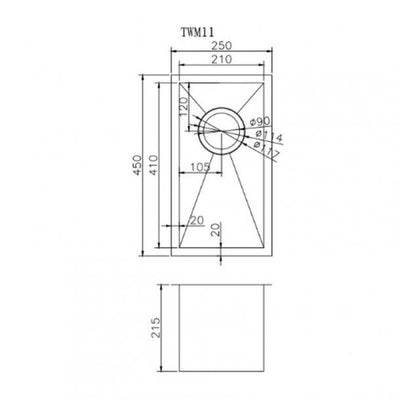 1.2mm Handmade Top/Undermount Single Bowl Kitchen Sink 250x450x215mm