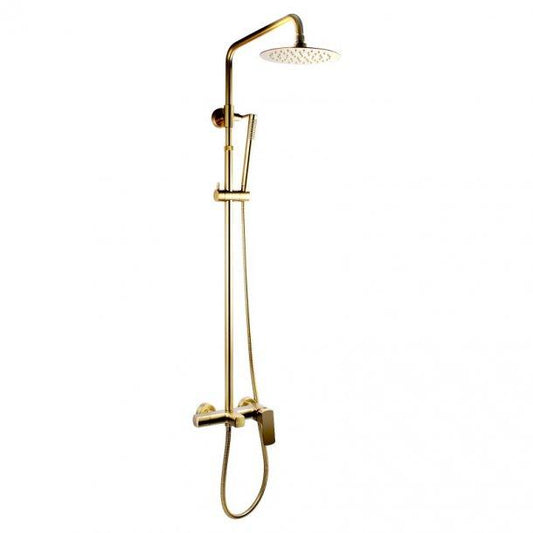 8'' Round Brushed Gold Adjustable Rail Shower Station With Diverter Bottom Inlet