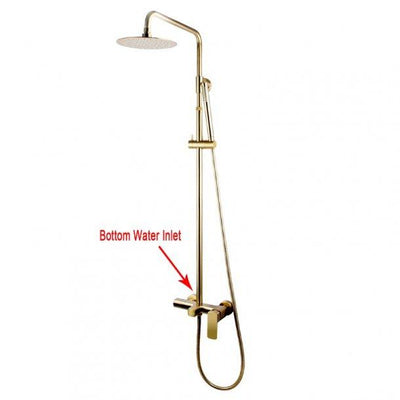 8'' Round Brushed Gold Adjustable Rail Shower Station With Diverter Bottom Inlet