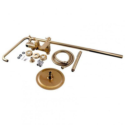 8'' Round Brushed Gold Adjustable Rail Shower Station With Diverter Bottom Inlet