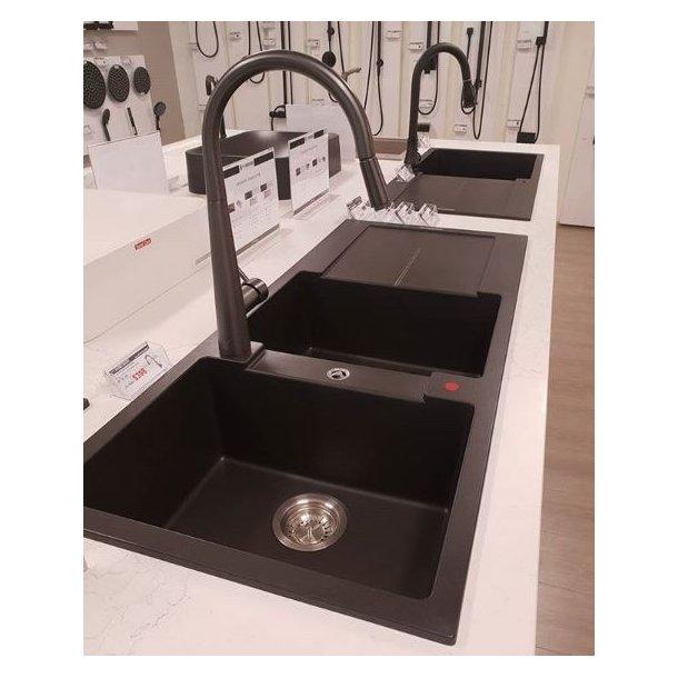 1160 x 500 x 200mm Carysil Black Double Bowl with Drainer Board Granite Kitchen Sink Top Mount