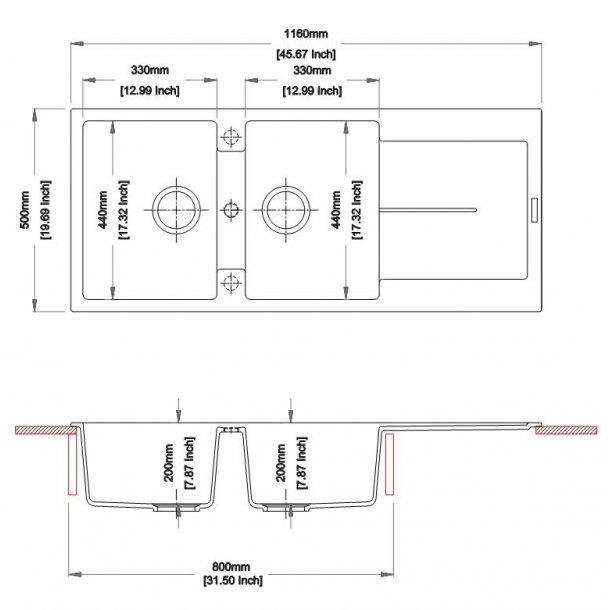 1160 x 500 x 200mm Carysil Black Double Bowl with Drainer Board Granite Kitchen Sink Top Mount