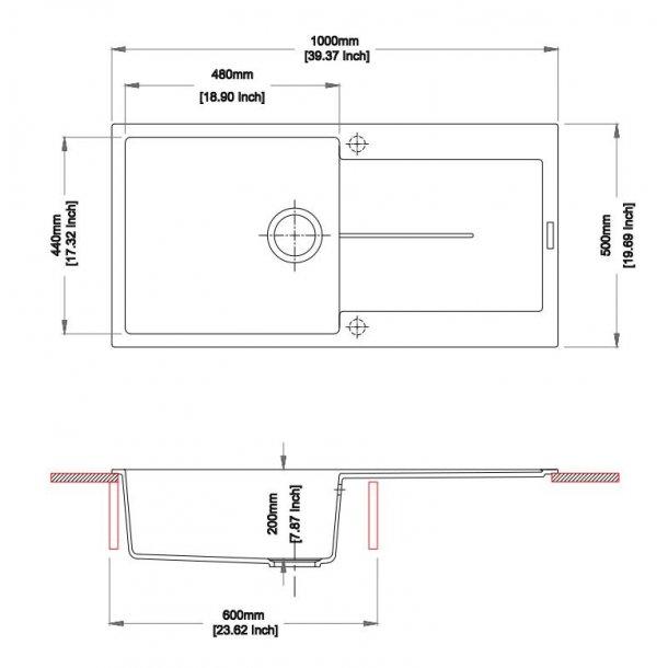 1000 x 500 x 200mm Carysil Black Single Bowl With Drainer Board Granite Kitchen Sink Top Mount