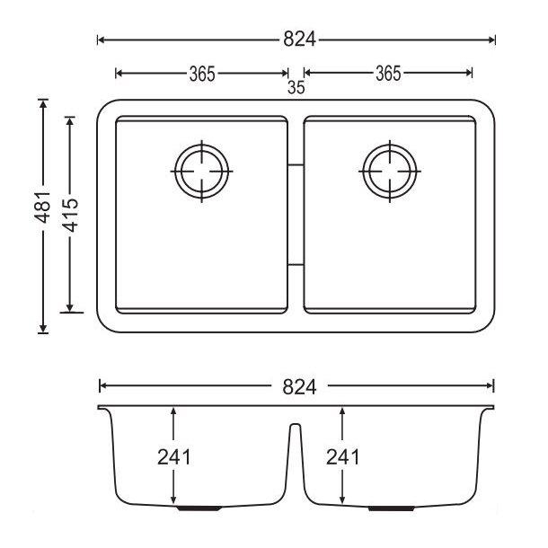 824 x 481 x 241mm Carysil White Double Bowls Granite Undermount Kitchen Sink