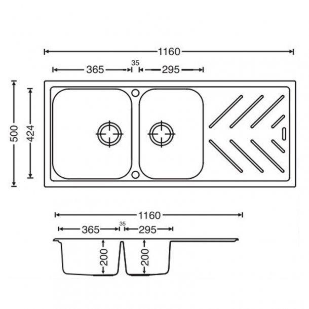 1160x500x200mm Black Granite Quartz Stone 1 and 3/4 Kitchen Sink Double Bowls Drainboard Topmount