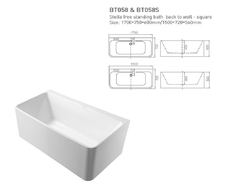 STELLA Free Standing Bath Tub Back to Wall Square