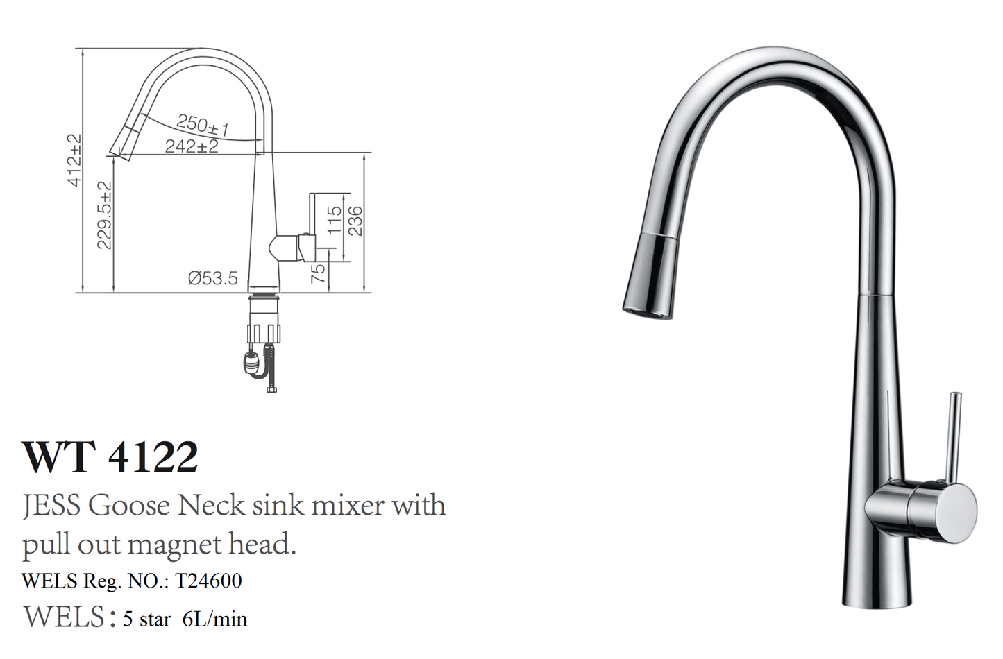 JESS GOOSE NECK SINK MIXER WITH PULL PUT MAGNET HEAD