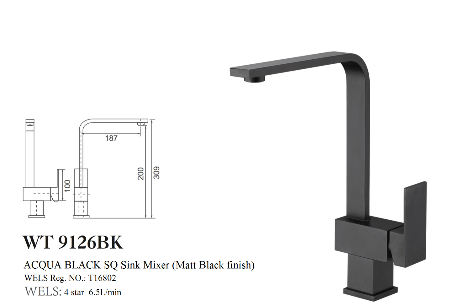 ACQUA BLACK SQ SINK MIXER (MATT BLACK FINISH)