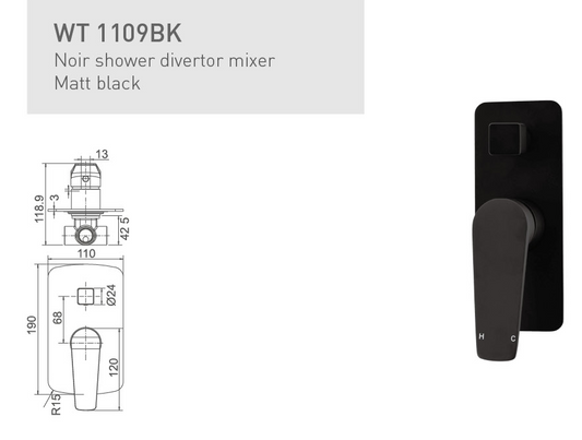 NOIR SHOWER DIVERTOR MIXER MATT BLACK